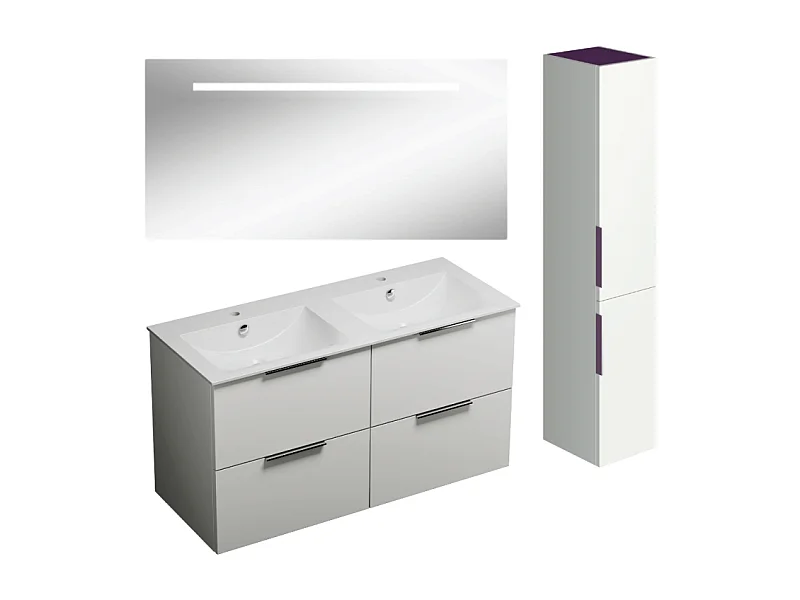 Meuble double vasque 120 cm BURGBAD Olena blanc brillant + miroir + colonne