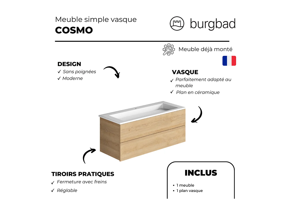 Pack meuble vasque 80 cm BURGBAD Cosmo chêne + miroir