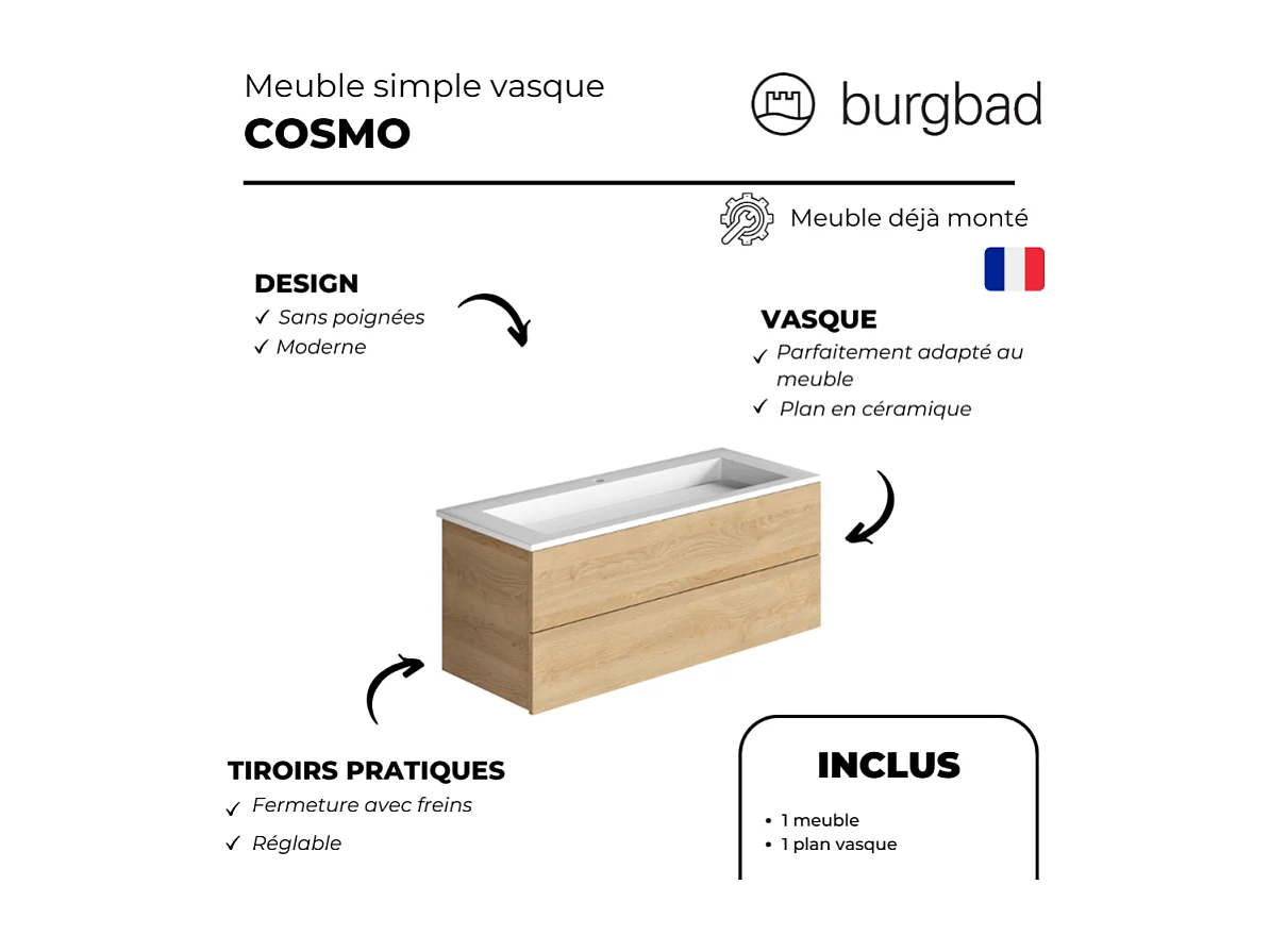 Pack meuble vasque 80 cm BURGBAD Cosmo chêne + miroir