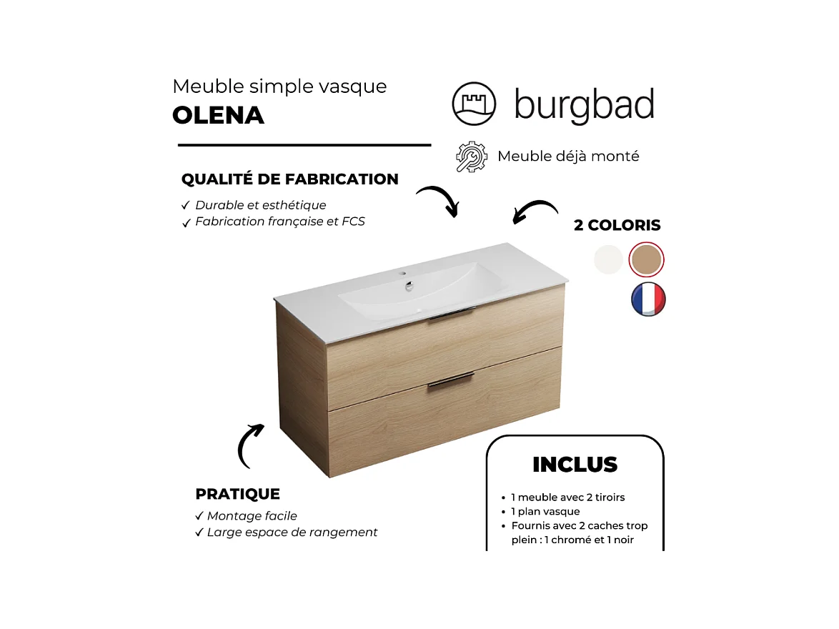 Meuble vasque 60 cm BURGBAD Olena chêne clair