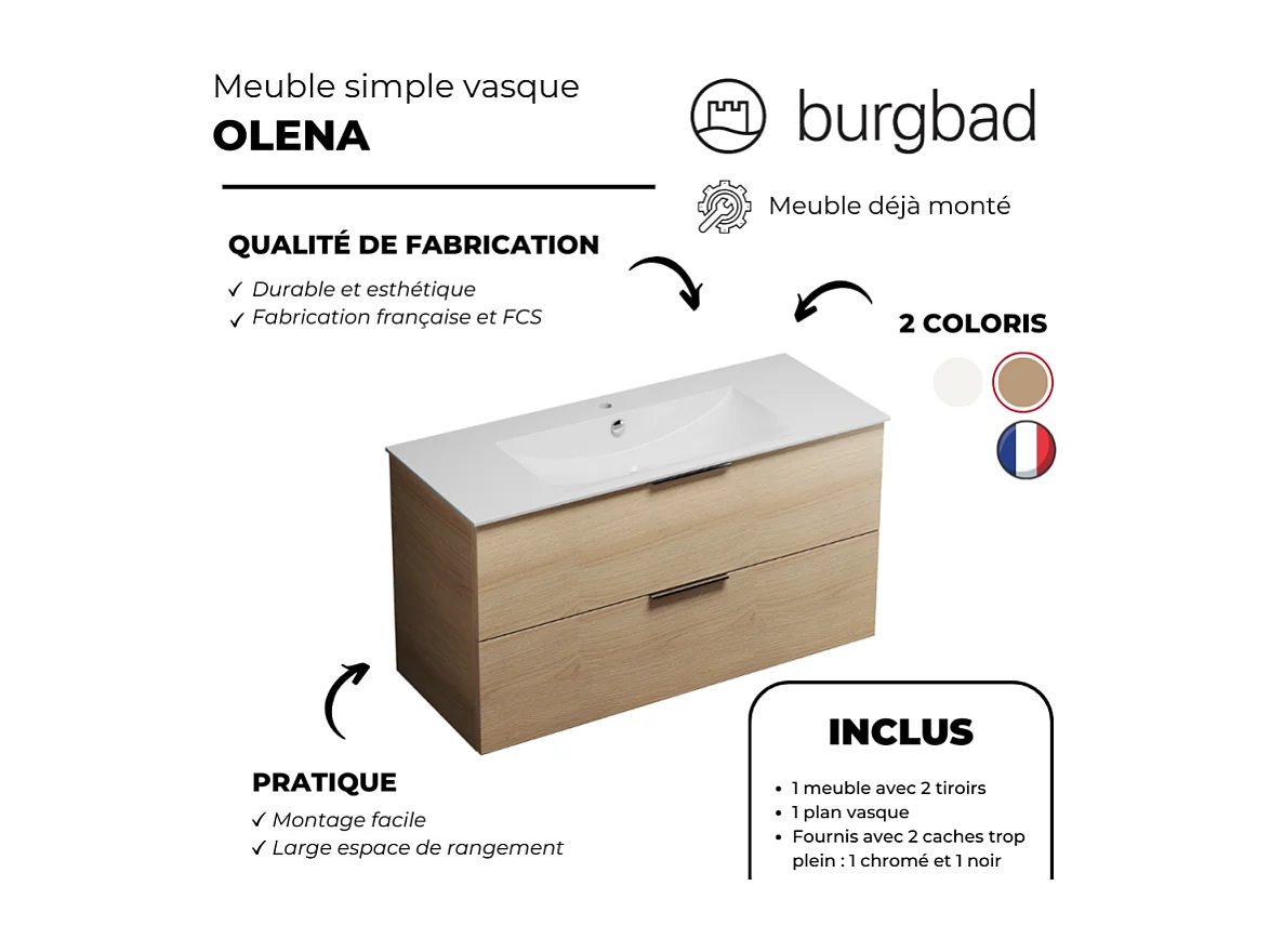 Meuble vasque 60 cm BURGBAD Olena chêne clair