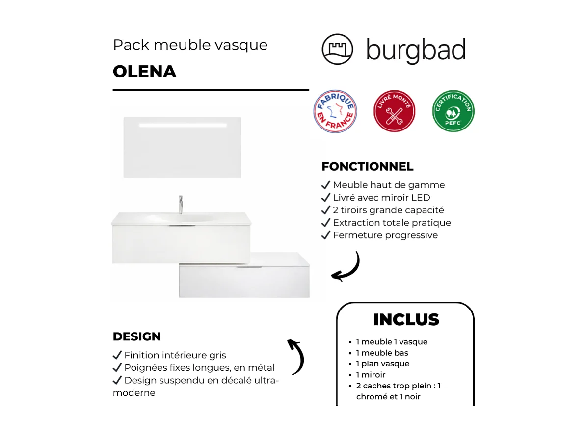 Meuble vasque 90 cm BURGBAD Olena en décaler blanc brillant + miroir