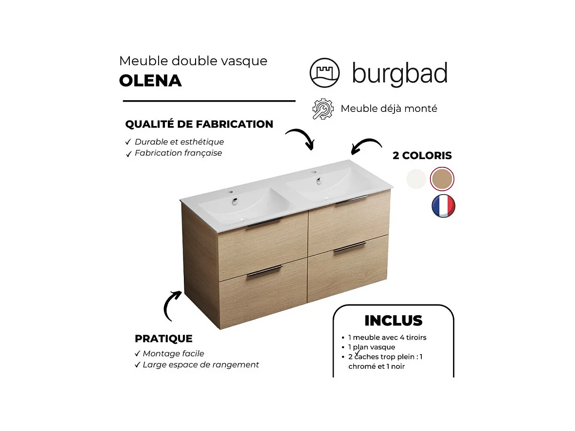 Meuble double vasque 120 cm BURGBAD Olena chêne clair + colonne