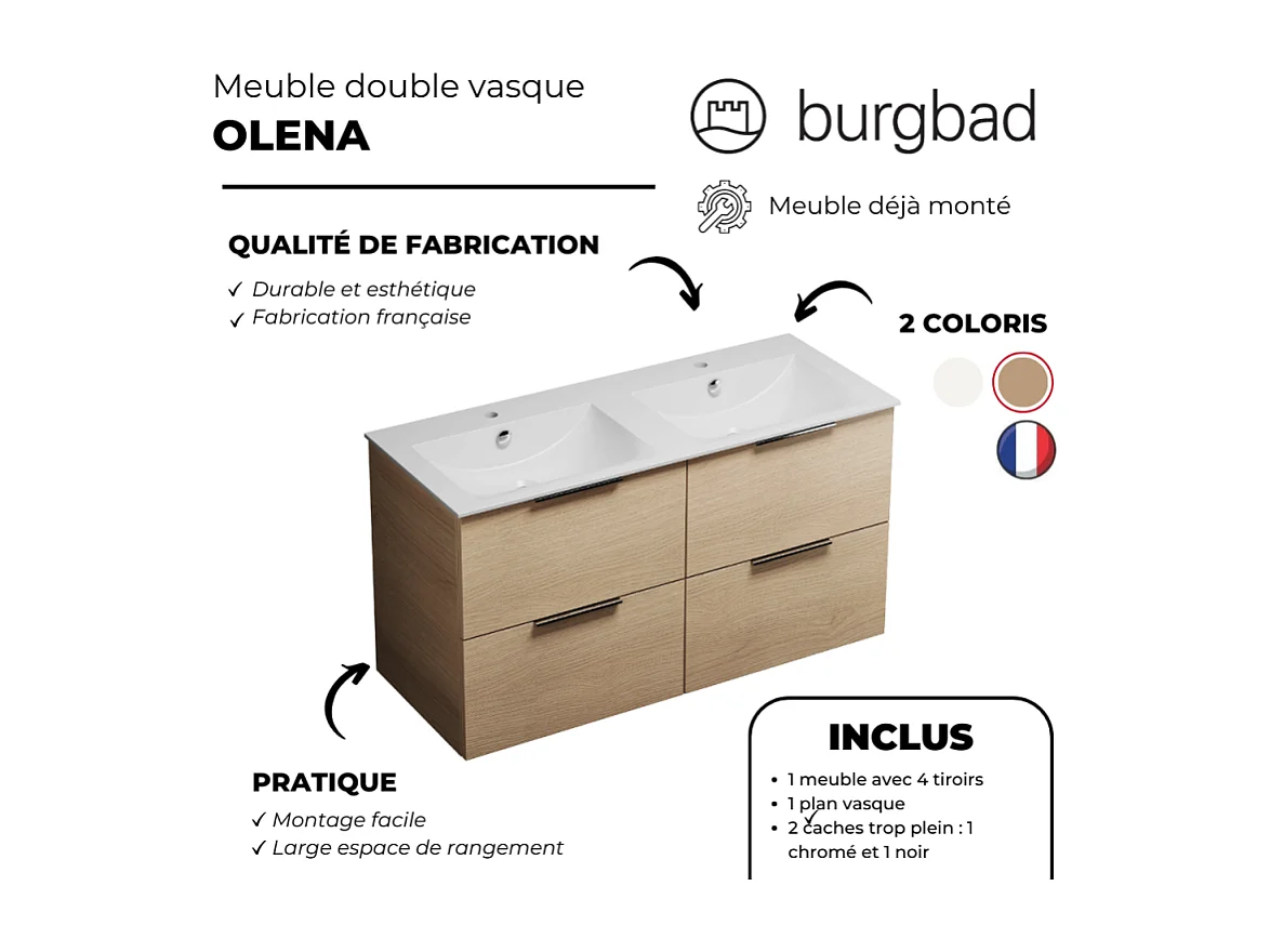 Meuble double vasque 120 cm BURGBAD Olena chêne clair + colonne