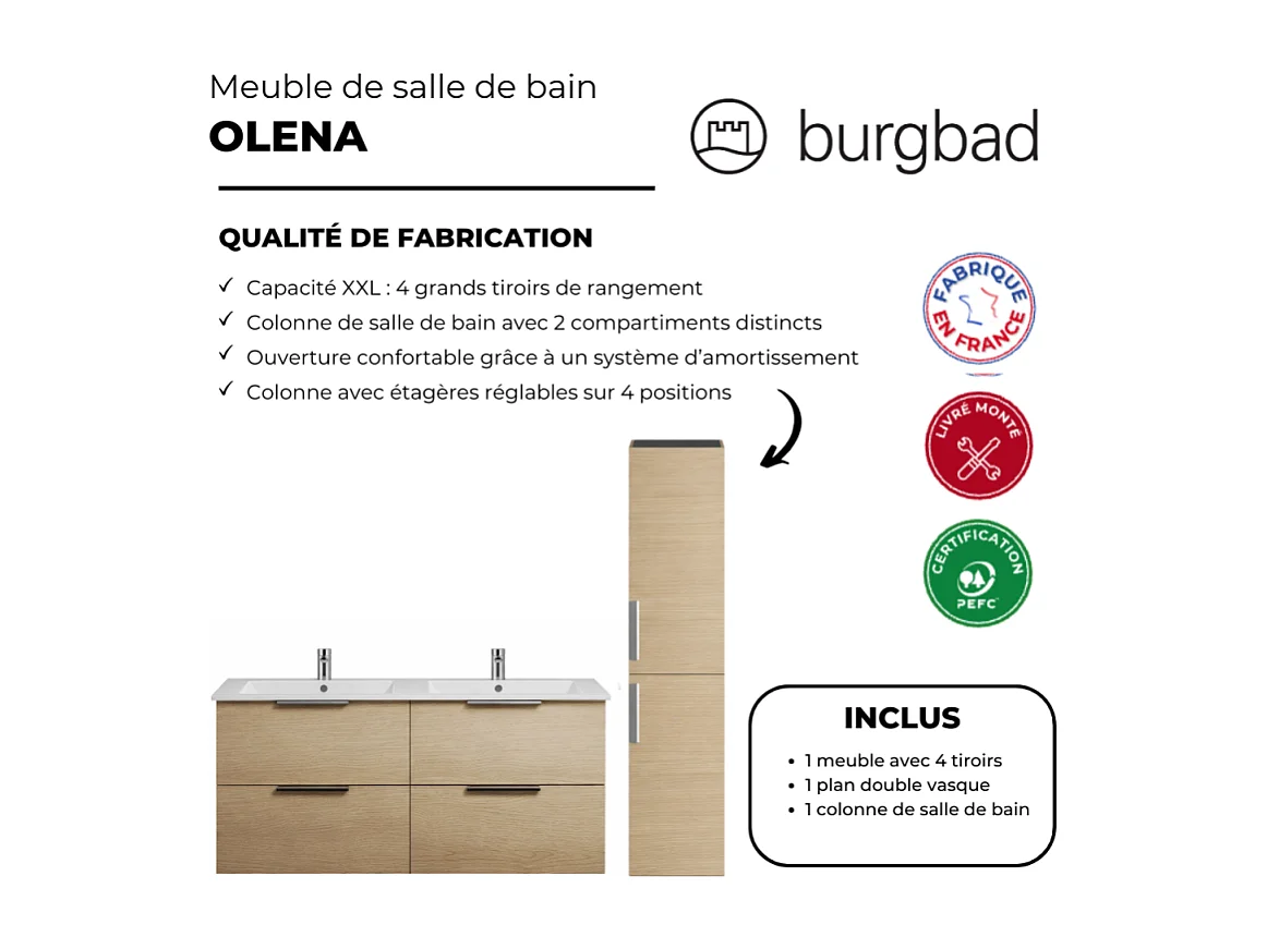 Meuble salle de bain double vasque BURGBAD Olena 120 cm chêne clair + colonne