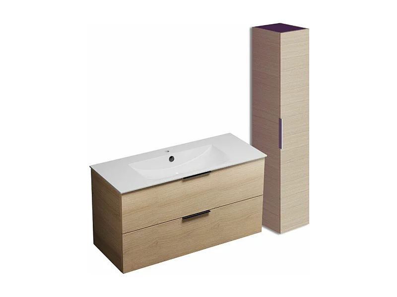 Meuble vasque 120 cm BURGBAD Olena chêne clair + colonne de salle de bain