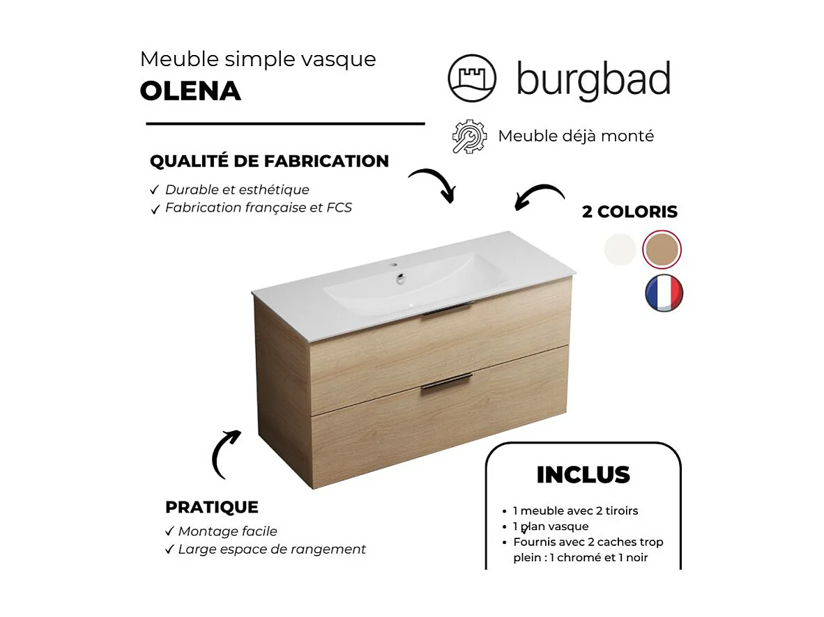 Meuble vasque 120 cm BURGBAD Olena chêne clair + colonne de salle de bain