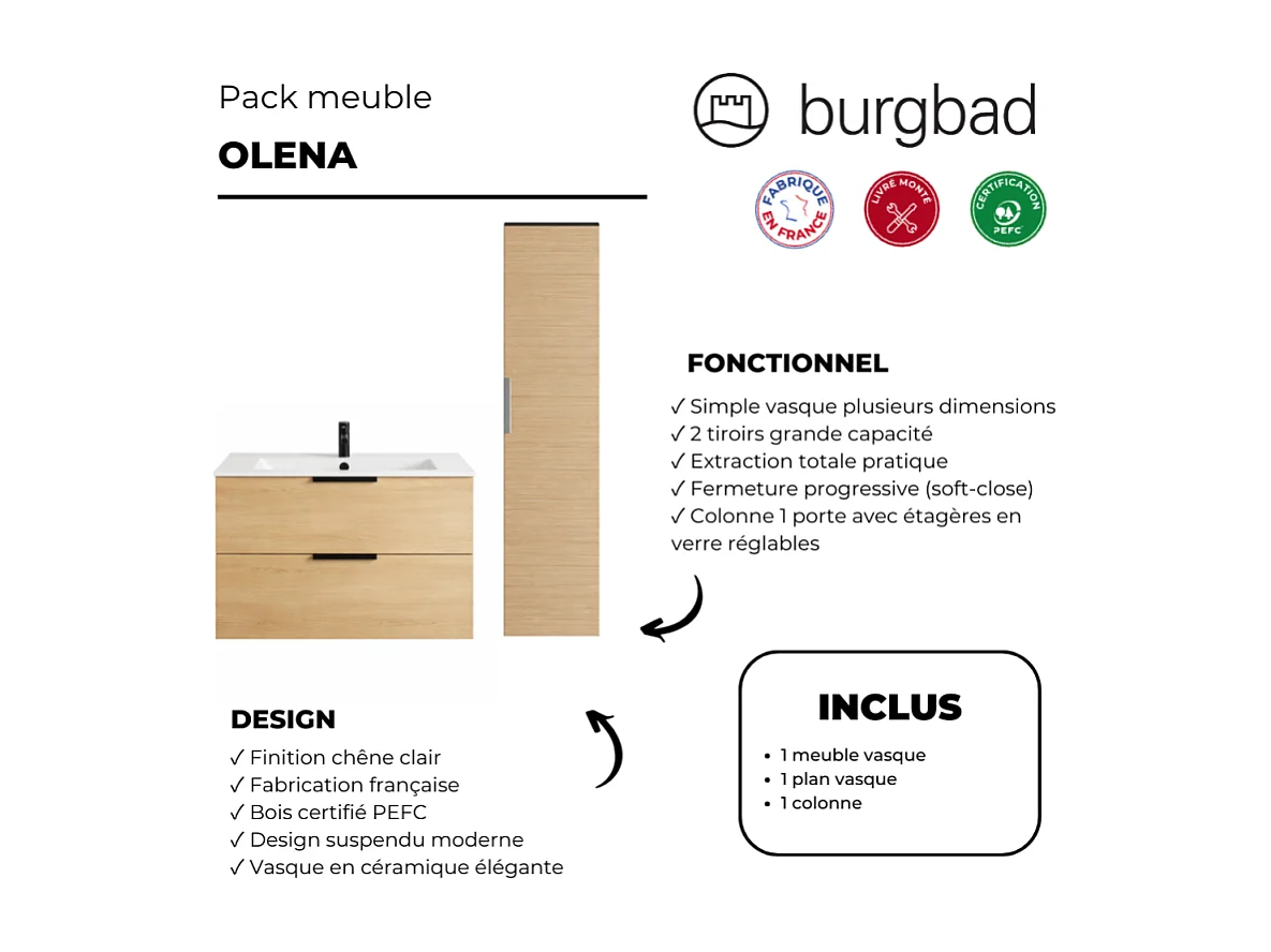 Meuble vasque 120 cm BURGBAD Olena chêne clair + colonne
