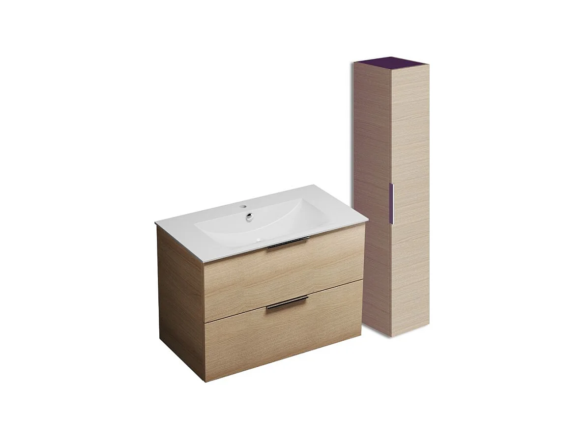 Meuble vasque 90 cm BURGBAD Olena chêne clair + colonne de salle de bain