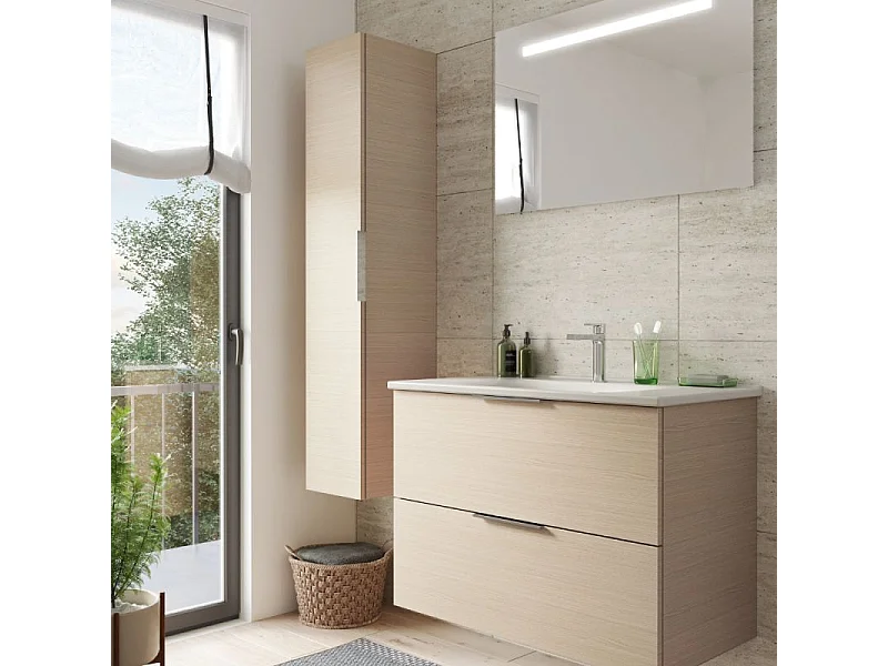 Meuble vasque 90 cm BURGBAD Olena chêne clair + colonne de salle de bain