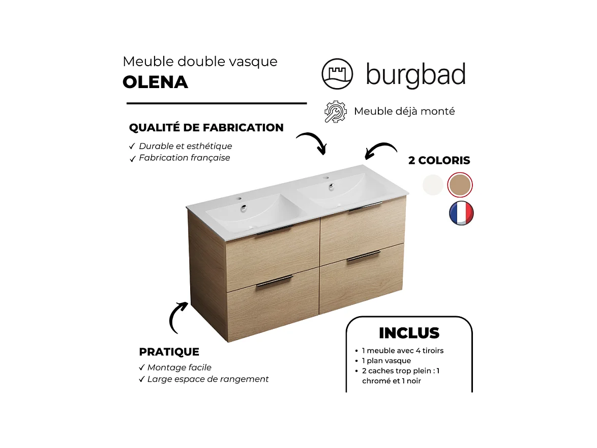 Meuble double vasque 120 cm BURGBAD Olena chêne clair