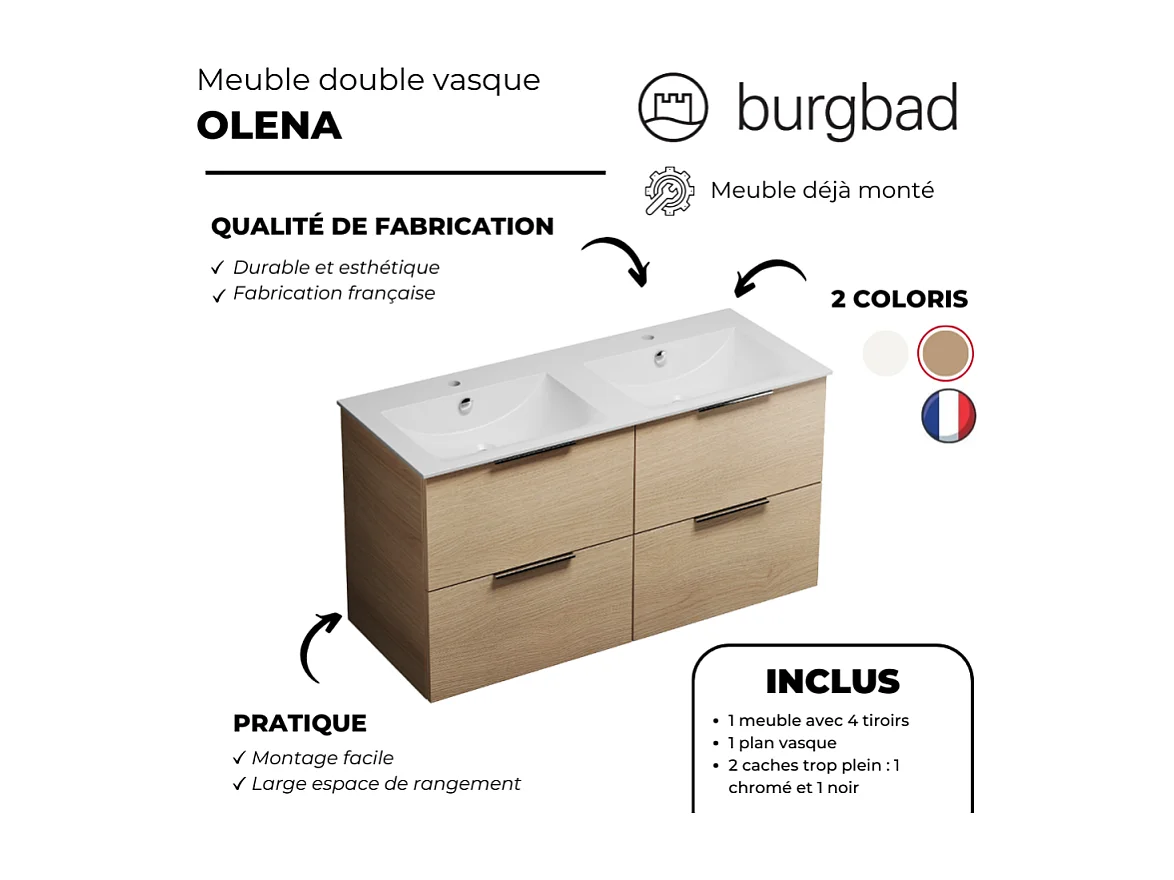 Meuble double vasque 120 cm BURGBAD Olena chêne clair