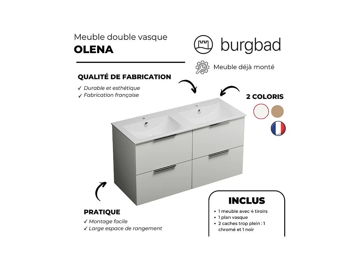 Meuble double vasque 120 cm BURGBAD Olena blanc brillant