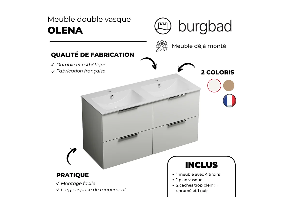 Meuble double vasque 120 cm BURGBAD Olena blanc brillant