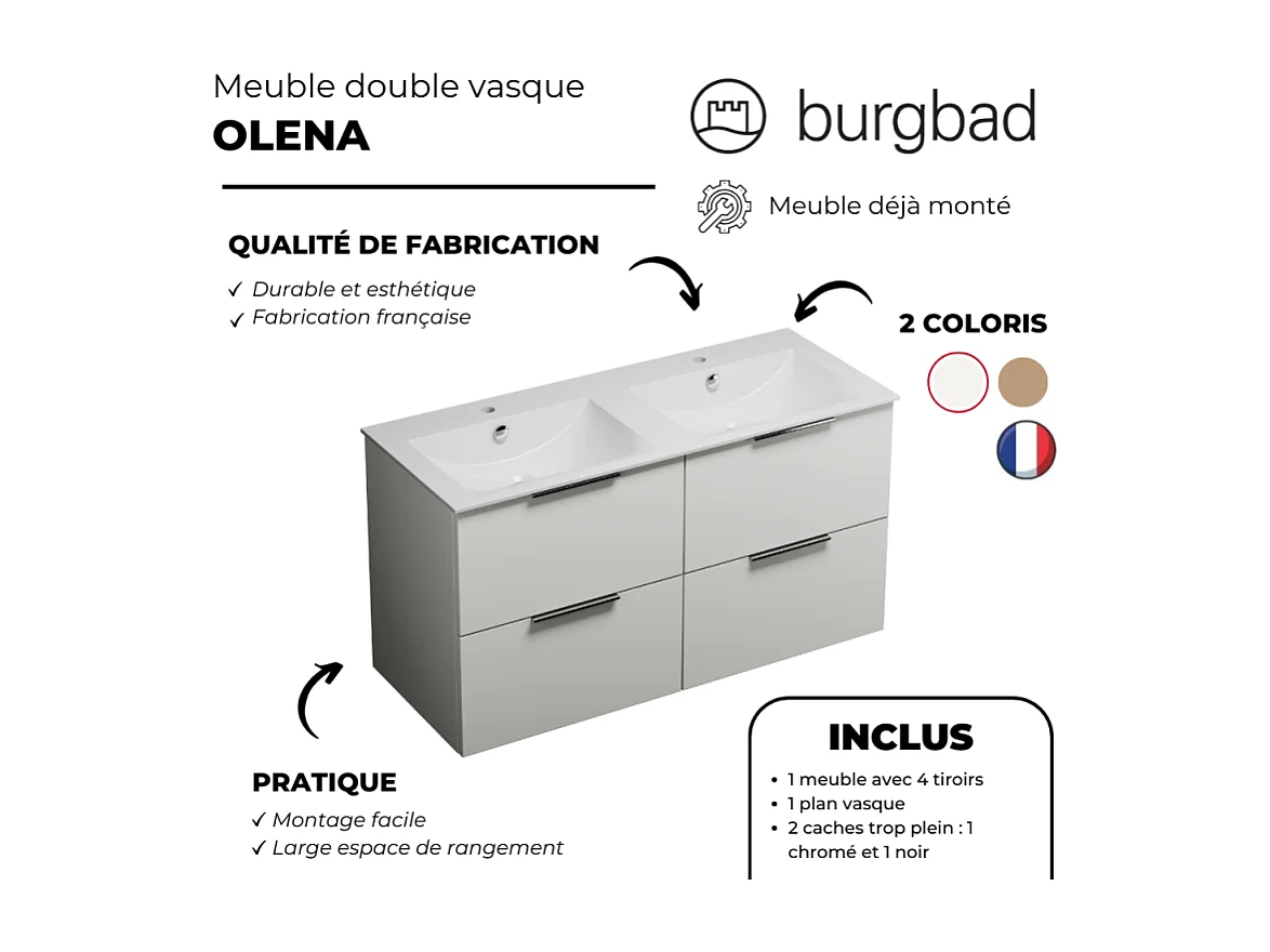 Meuble double vasque 120 cm BURGBAD Olena blanc brillant
