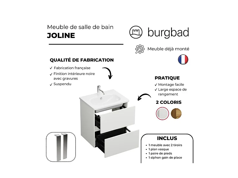 Meuble de salle de bain simple vasque 100 cm BURGBAD Joline blanc mat