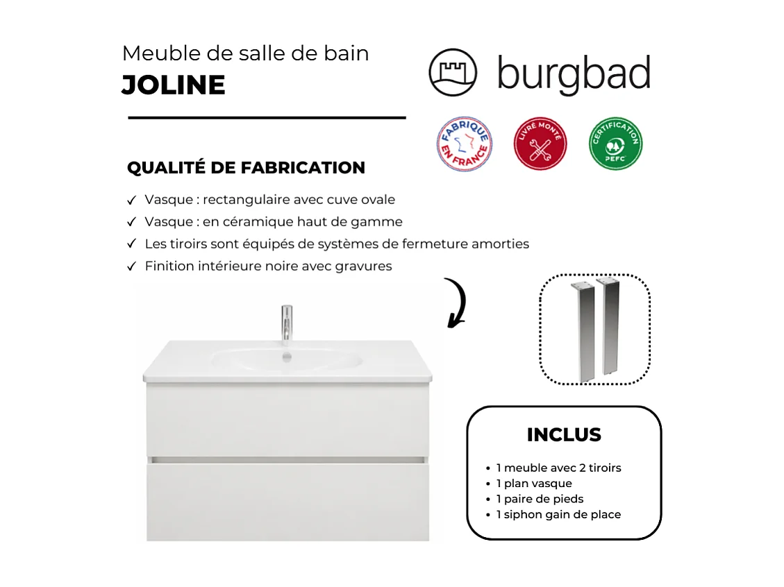 Meuble de salle de bain simple vasque 100 cm BURGBAD Joline blanc mat