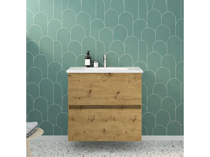 Meuble de salle de bain simple vasque 80 cm BURGBAD Joline chêne