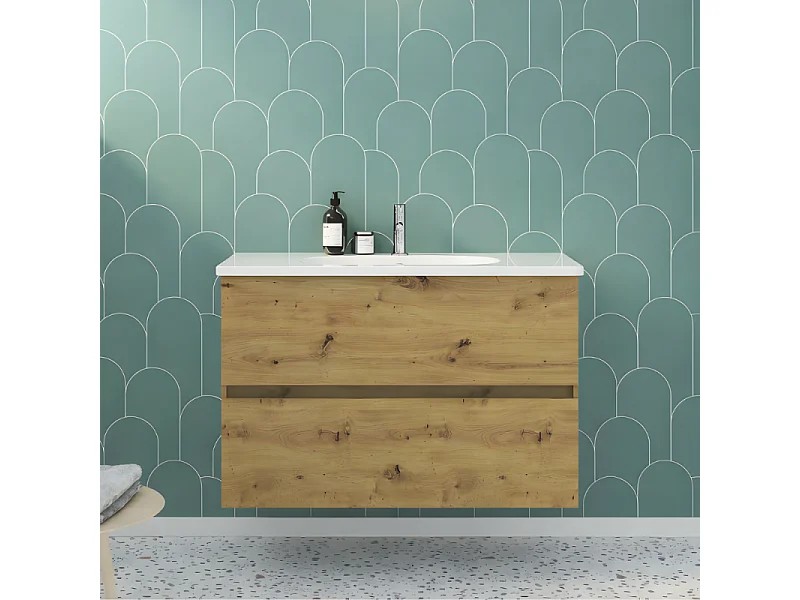 Meuble de salle de bain simple vasque 100 cm BURGBAD Joline chêne