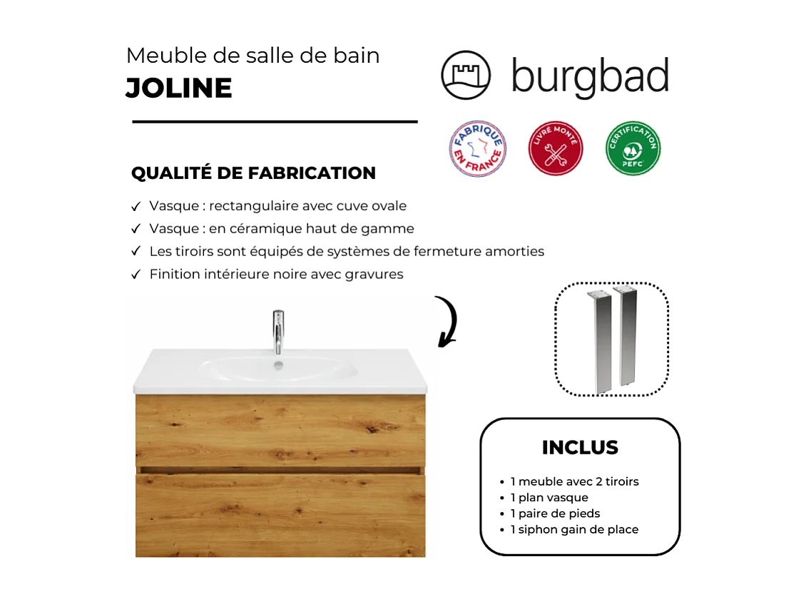Meuble de salle de bain simple vasque 100 cm BURGBAD Joline chêne