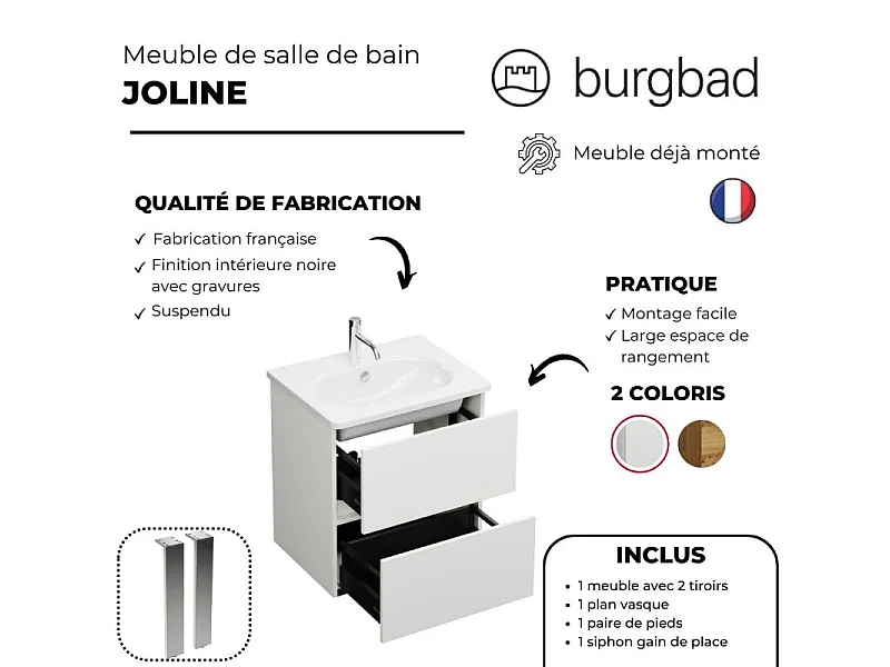 Meuble de salle de bain simple vasque 60 cm BURGBAD Joline blanc mat