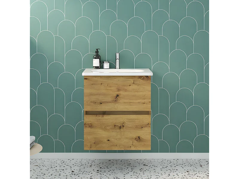 Meuble de salle de bain simple vasque 60 cm BURGBAD Joline chêne