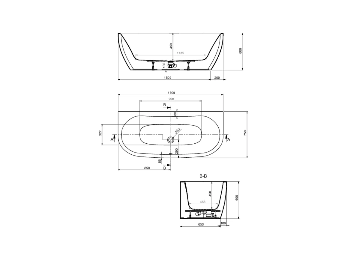 Baignoire semi îlot murale 170 x 75 LEDA Greta monoline noir