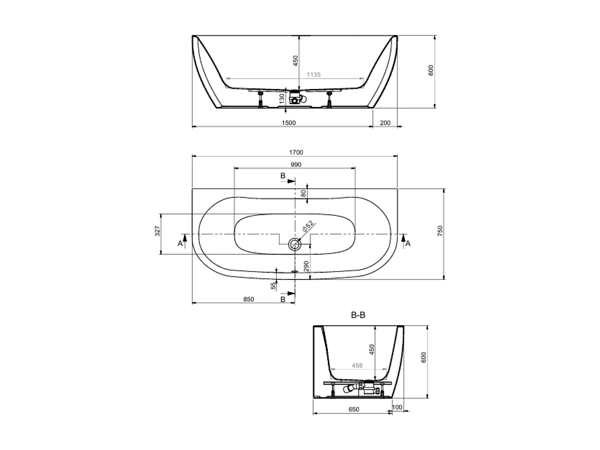 Baignoire semi îlot murale 170 x 75 LEDA Greta monoline