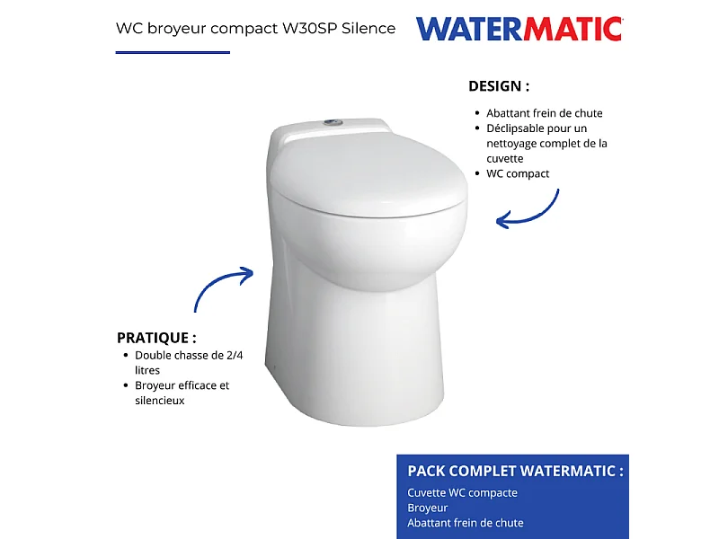 WC broyeur compact WATERMATIC W30SP avec abattant frein de chute