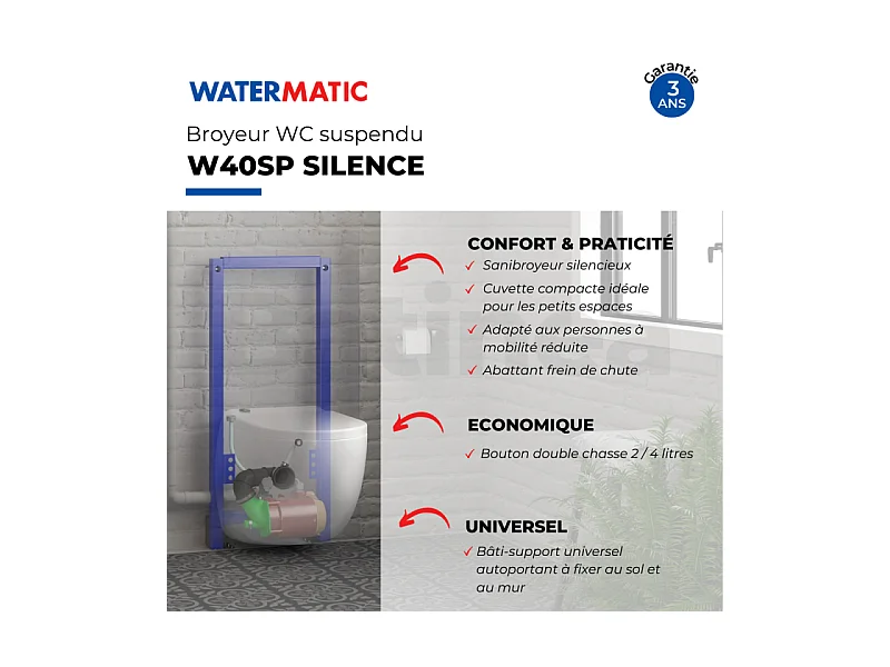 WC broyeur suspendu WATERMATIC W40SP Silence avec abattant