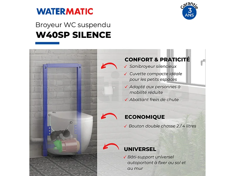 WC broyeur suspendu WATERMATIC W40SP Silence avec abattant
