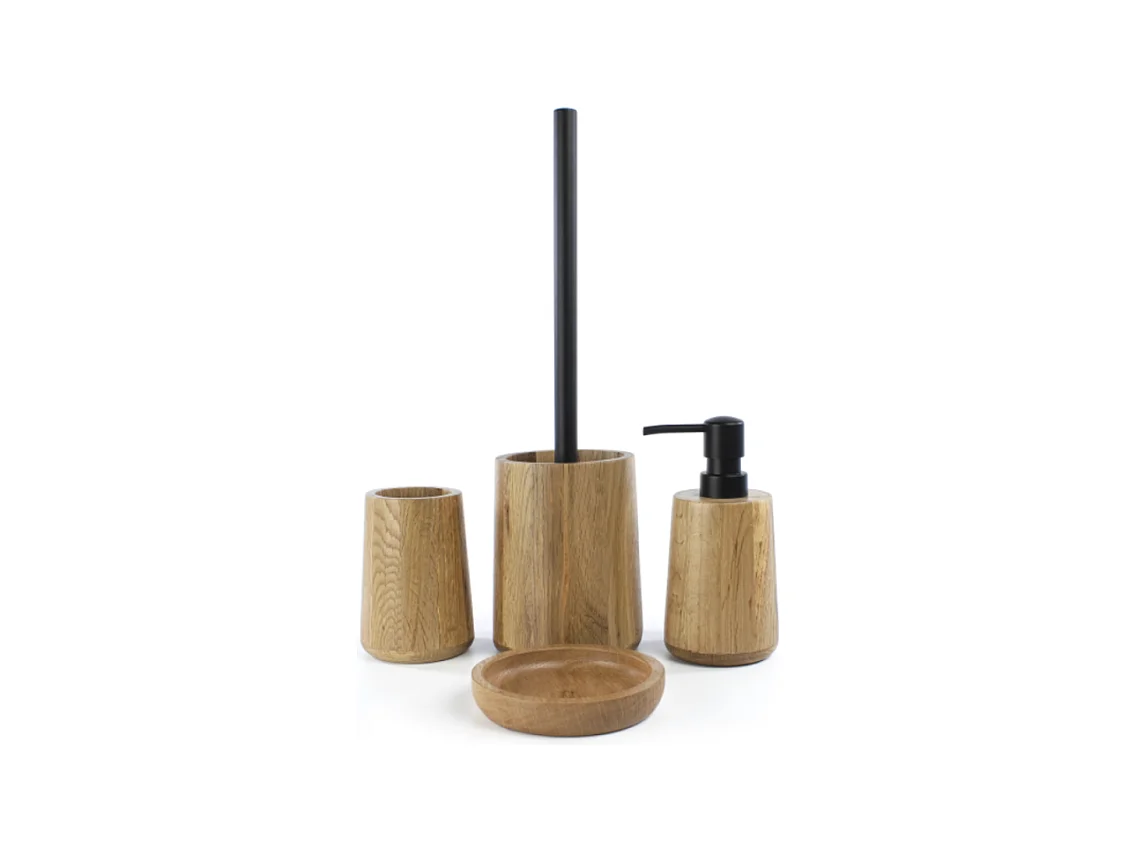 Lot d'accessoires WC DEBLANCH OAK en bois avec brosse wc + distributeur  + gobelet + porte-savon