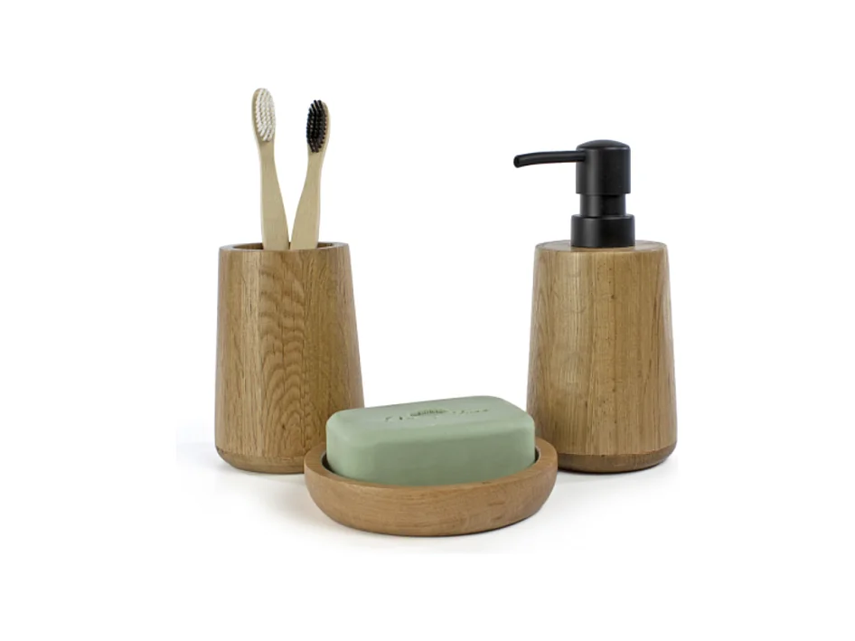 Lot d'accessoires WC DEBLANCH OAK en bois avec brosse wc + distributeur  + gobelet + porte-savon