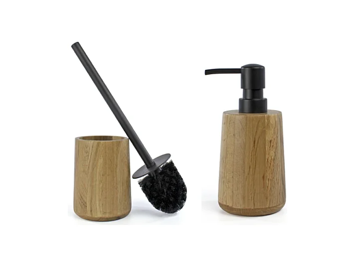 Lot d'accessoires WC DEBLANCH OAK en bois avec brosse wc + distributeur  + gobelet + porte-savon