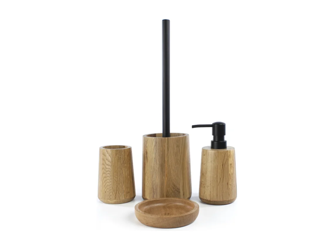 Lot d'accessoires WC DEBLANCH OAK en bois avec brosse wc + distributeur  + gobelet + porte-savon