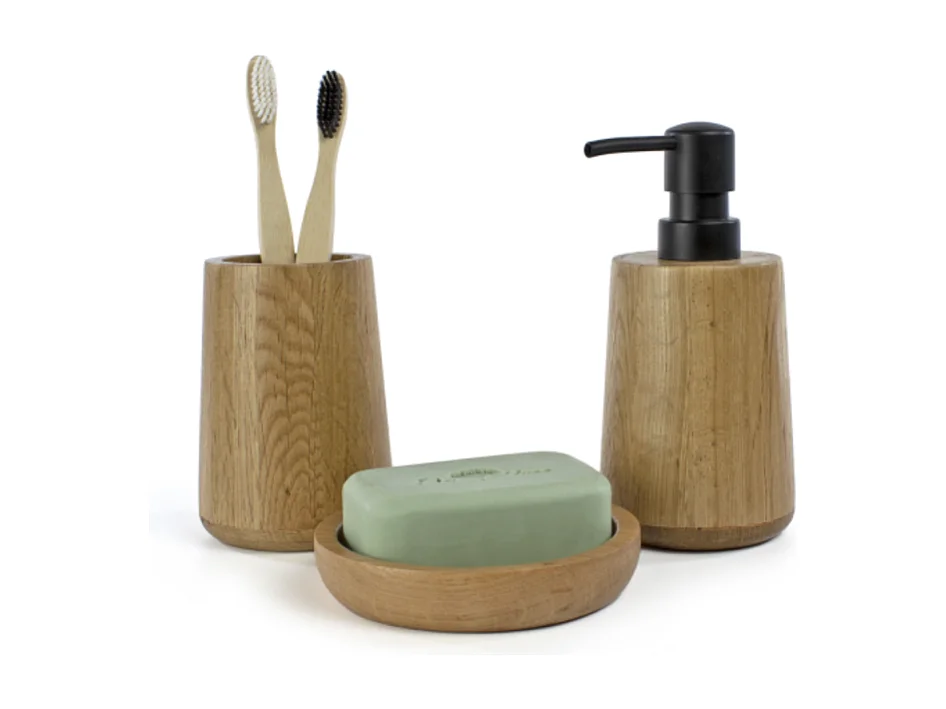 Lot d'accessoires WC DEBLANCH OAK en bois avec brosse wc + distributeur  + gobelet + porte-savon