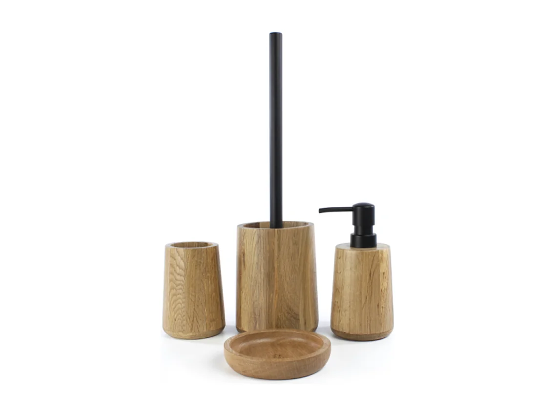 Lot d'accessoires WC DEBLANCH OAK en bois avec brosse wc + distributeur  + gobelet + porte-savon