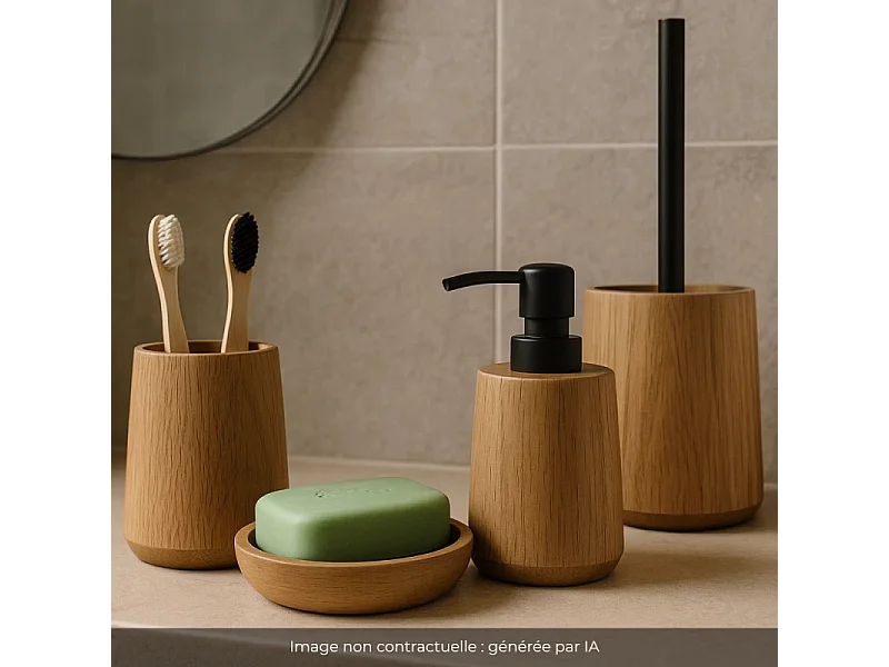 Lot d'accessoires WC DEBLANCH OAK en bois avec brosse wc + distributeur  + gobelet + porte-savon