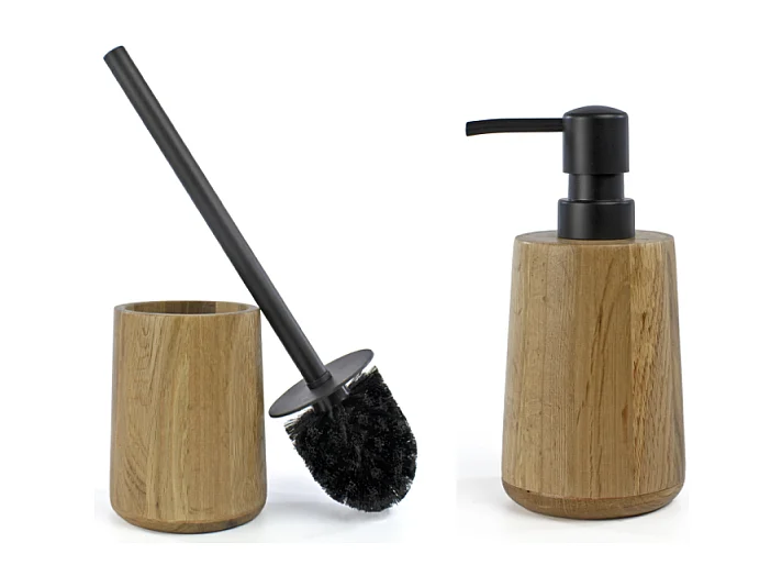 Lot d'accessoires WC DEBLANCH OAK en bois avec brosse wc + distributeur  + gobelet + porte-savon