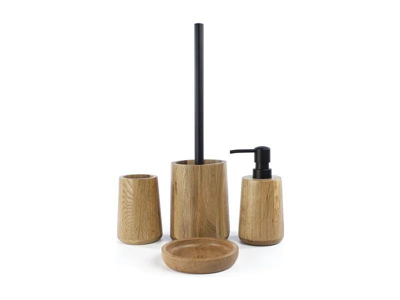 Lot d'accessoires WC DEBLANCH OAK en bois avec brosse wc + distributeur  + gobelet + porte-savon