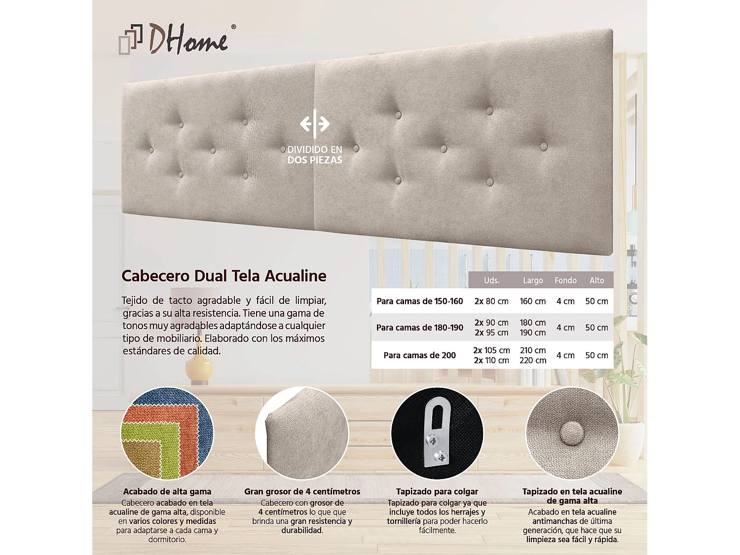 DHOME Kopfteil aus ACUALINE-Stoff mit 3 versetzten Knopf-Reihen, luxuriös gepolstertes Bettkopfteil (Beige, 190cm (2-teilig))