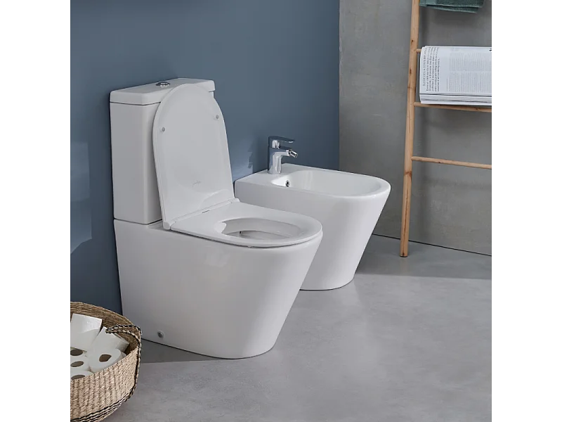 WC à poser sans bride sortie universelle JACOB DELAFON Rodin+ avec abattant frein de chute +  tabouret physiologique bois