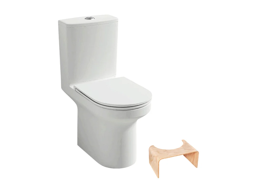 WC à poser sans bride sortie horizontale JACOB DELAFON Elite avec abattant frein de chute + tabouret physiologique bois