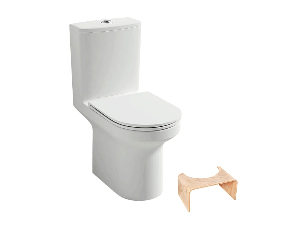 WC à poser sans bride sortie horizontale JACOB DELAFON Elite avec abattant frein de chute + tabouret physiologique bois