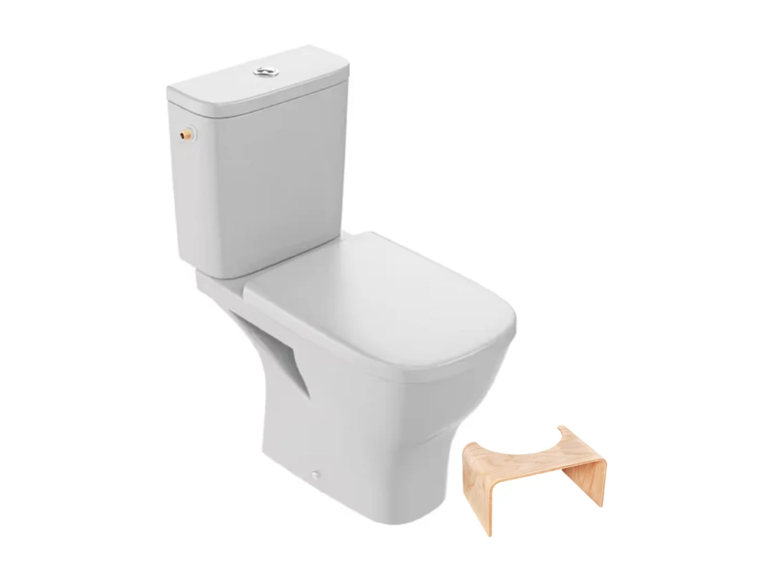 WC à poser sans bride sortie horizontale JACOB DELAFON Struktura avec abattant + Tabouret physiologique bois