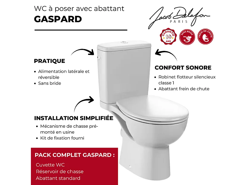 WC à poser sans bride sortie horizontale JACOB DELAFON Gaspard avec abattant frein de chute déclipsable + Tabouret blanc