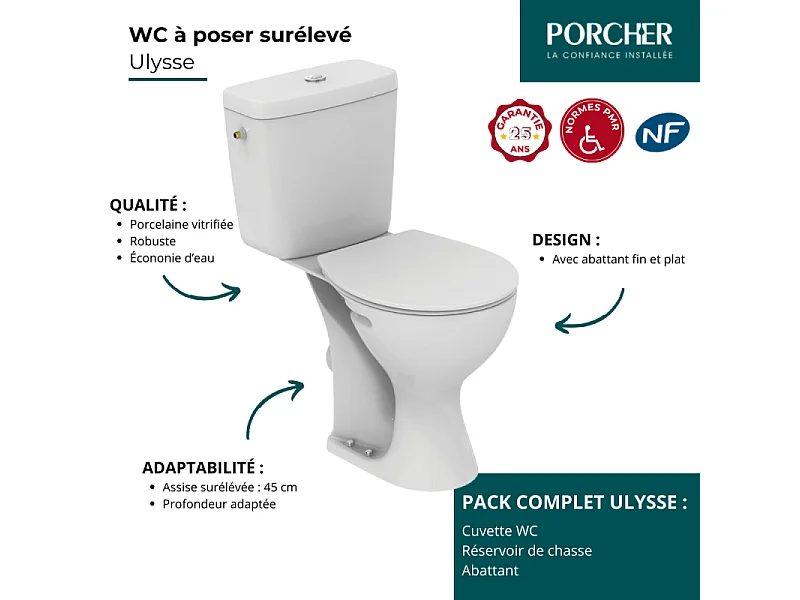 PORCHER WC à poser surelevé PMR Ulysse + abattant