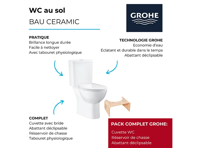 PACK WC avec bride à poser GROHE Bau Ceramic + Tabouret physiologique Bois