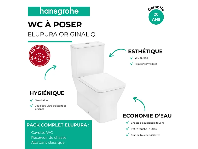 WC à poser sans bride sortie universelle HANSGROHE Elupura Original Q avec abattant
