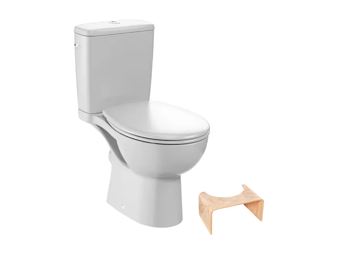 WC à poser sans bride sortie horizontale JACOB DELAFON Gaspard avec abattant frein de chute déclipsable + Tabouret bois